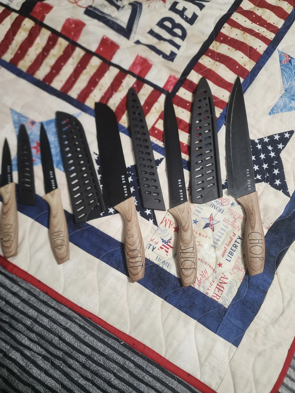 Rae Dunn 6-Piece Knife Set with Black Blades and Wood-Grain Handles